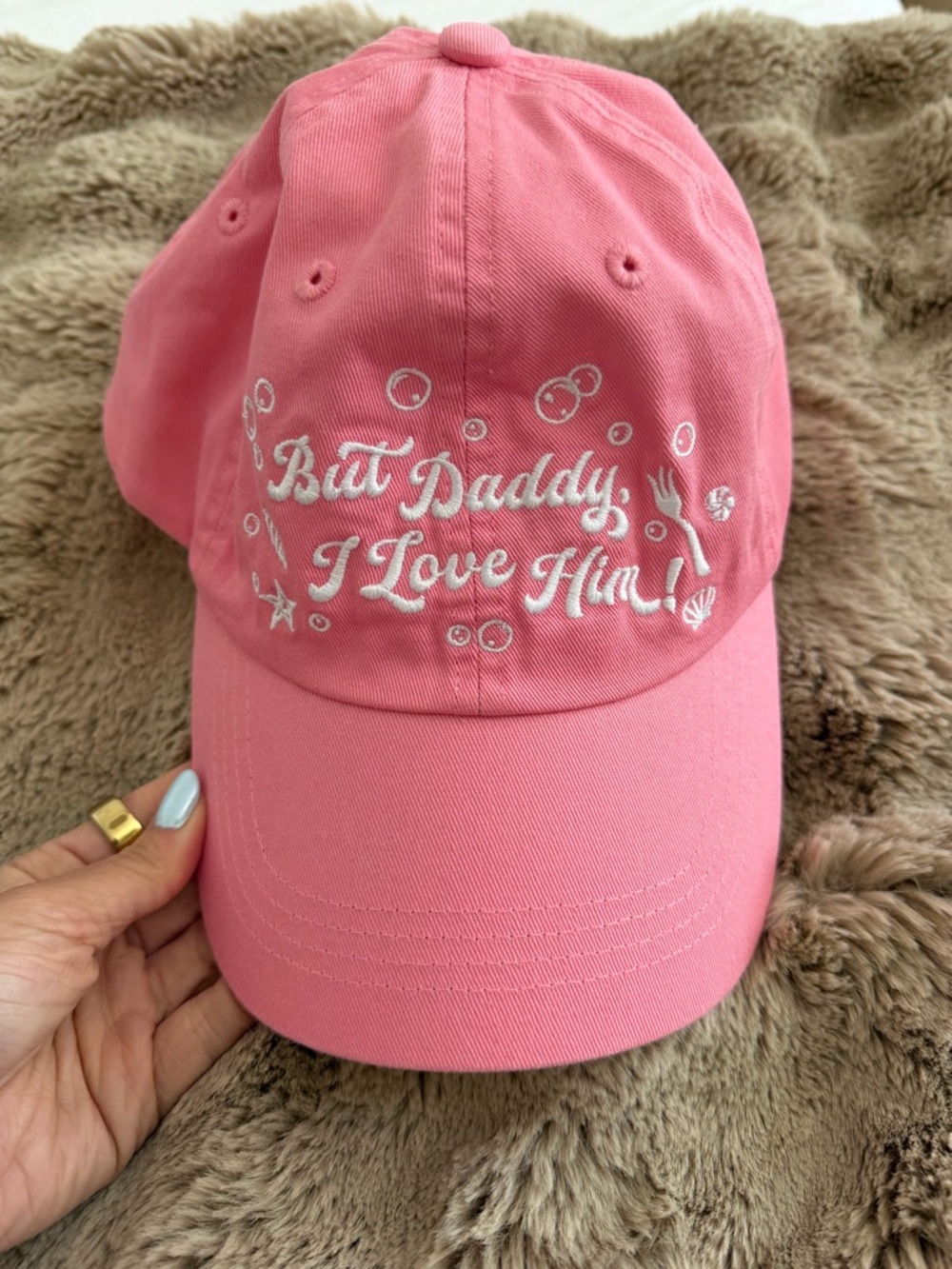 Disney Pink Baseball Cap with White Embroidered "But Daddy I Love Him"